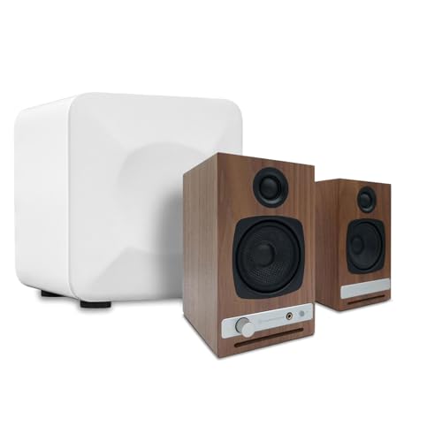 Audioengine A2 HD (HD3) Walnut 60 Watt Pc Speakers for Desktop and S6 White Subwoofer for Music Gaming Movies Studios Dorms Bedrooms Offices