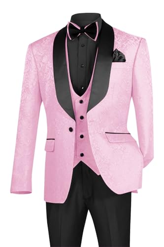 Mens Floral Jacquard Tuxedo Suit Set 3 Piece Suit Men Classic Shawl Lapel Prom Dress Jacket Vest & Pants with Bow
