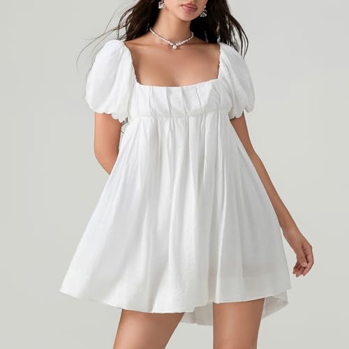 Women Y2k Puff Sleeve Babydoll Dresses Square Neck Tie Back Mini Dress Summer Solid Off Shoulder Flowy Sundress2