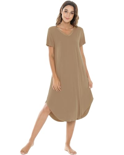 Image of NACHILA Nightgowns for Women-Viscose Made from Bamboo, V Neck Sleepshirts Short Sleeve Sleepwear Cool Nightshirt