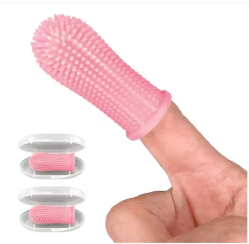 Image of Gomoly Pet Toothbrush, 360 Dog Tooth Cleaning Set, Cat Finger Cover Toot-hbrush for Cleaning Tongue Coating and Tooth Care, Pet Silicone Finger Cover Toothbrush Set of 2 with Case (Pink, Large)