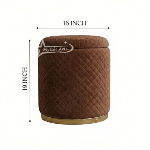 Image of Premium Round Storage Ottoman Stool 16 X 16X 19 inch, with Gold Metal Base | Luxury Pouffe with Hidden Storage | Cushioned Footrest for Living Room, Bedroom & Lounge Brown