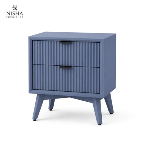 Image of Wooden Bedside Table for Bedroom | Wooden Bed Side Nightstand Lamp Table with 2 Drawers for Home & Hotels | End Side Table for Living Room | HDMR Premium Wood in Fluted- Grey Finish