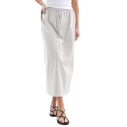 Amahziyu   Faldas de mezcla de lino para mujer, falda de tubo a rayas, cintura elástica midi, faldas de mujer ajustadas, rectas, para primavera y verano, En Blanco Y Negro, XL