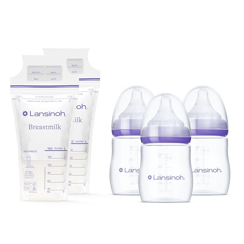 Image of Lansinoh Breastmilk Storage Bags, 200 Count, Breast Milk Storage Bags for Feeding, Baby Essentials, Strong Double-Sealed, 6oz + Lansinoh Anti-Colic Baby Bottles for Breastfeeding Babies, 5oz, 3 Count