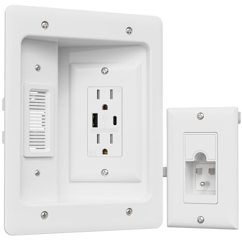 Image of TV Cord Hider for Wall Mounted TV, in-Wall Cable Management Kit, Outlet Box- Dual Outlet Cord Hider with TypeC /USB Power Port & Low Voltage Support, Includes Drywall Saw, Template & Extension Cable