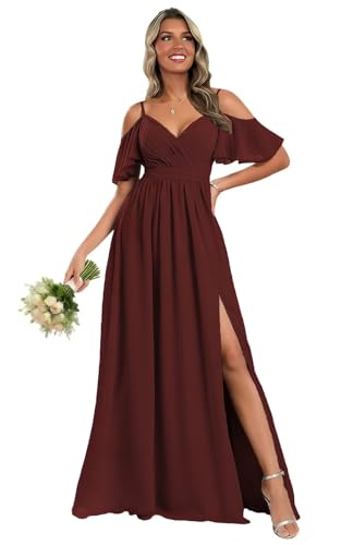Women’s Off Shoulder Chiffon Bridesmaid Dresses Long for Wedding with Slit Flutter Sleeves Ruched Formal Gowns