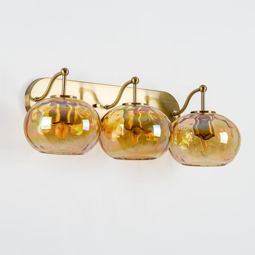 Image of 23 inch Brushed Gold Vanity Light Stained Amber Hammered Glass Wall Sconce 3-Light Brass Wall Lamp for Hallway Living Room Stairwell Bathroom Over Mirror