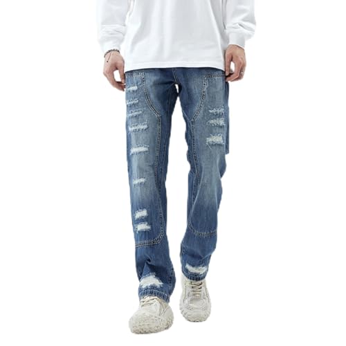 Jeans Pants Trousers Denim Spring and Autumn High Street Ripped Men's Patches Trendy Loose Washed Retro Slimming
