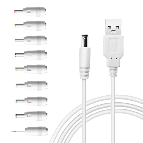 USB à DC 5V Câble d'alimentation 9 Conseils interchangeables, cordon de charge universel 5.5x2.1mm Adaptateur pour LED Bande, lampe de lune, Mini Ventilateur, haut-parleur Bluetooth, routeur, appareils intelligents – blanc