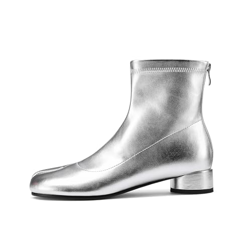 Image of Split Toe Ankle Boots for Women Tabi Japanese Ninja Shoes Low Chunky Heels Booties, Stretch Artificial Leather Boots Back Zipper