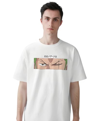 Image of One Piece Zoro Anime T-Shirt, Front and Back Print, White, Comfortable Fit, Unisex