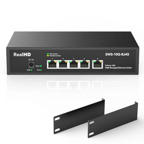 Image of 5 Port 10Gb RJ45 Web Managed Ethernet Network Switch, 5 x 10 Gigabit Base-T Port | 10Gbps Multi-Gig Swicth Support 5G-2.5G-1G-100M | 19 Inch Rack Mount | 100G Bandwidth | Metal Casing | Built-in Fan