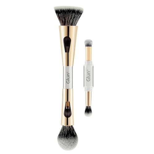 Image of GLUN 4in1 Makeup Brush Set, (2 Mini & 2 Big) Dual-Ended Soft Bristle Beauty Brushes Golden Chrome Finish with Elegant Flawless Face & Powder Application