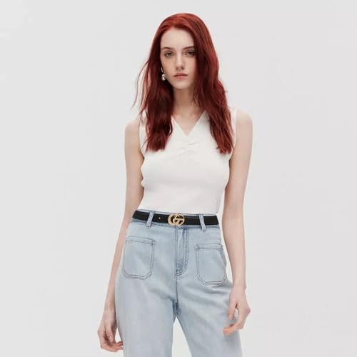 Image of Women's Fashion Classic Metal Buckle Leather Belt with Jeans Dress