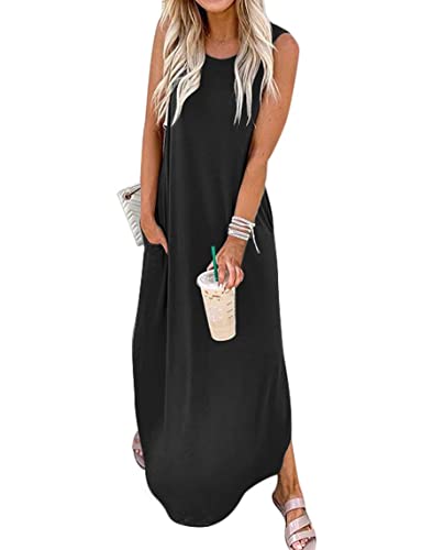 Women's Loose Sundress Long Dress Sleeveless Split Maxi Dresses 2025 Summer Beach Dress with Pockets