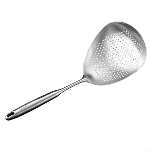 Cuchara de acero inoxidable para filtrar alimentos hervidos, incluyendo fideos, albóndigas, huevos con construcción 304 y agujero funcional para colgar