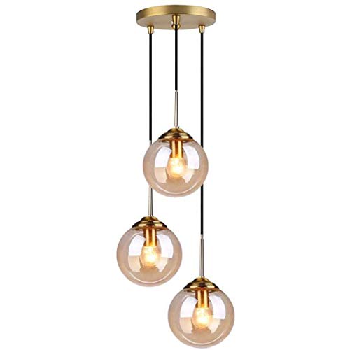 LRUII Vintage Glass Pendant Light, Adjustable Cord Wire Hanging Lamp Cluster Chandelier with Globe Clear Glass Shade, Indoor Modern Ceiling Light Fixtures for Kitchen Living Room (Amber Round)