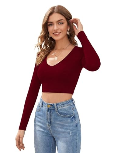 Image of LONDON BELLY Women's Polyester Crop Top with V Neck Full Sleeves Solid Pattern Regular Fit and Crop Length | Crop Tops for Woman | Women Chic Everyday Wear Top