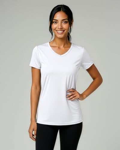 Image of Real Essentials 5 Pack: Women's Dry-Fit Short Sleeve V Neck T Shirt Workout Fitness Yoga Top Tee (Available in Plus Size) | Available In Plus Size, Short Sleeve Moisture Wicking Stretch Activewear Running Hiking Tennis Pickleball Sports Exercise