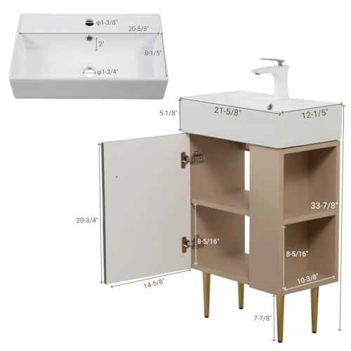 Image of 21.6 inch Freestanding Bathroom Vanity with Ceramic Sink, Green | Ceramic Sink, Wave-Pattern Door & Two-Layer Right Open Compartment, Bathroom Storage Cabinet, Easy Installation