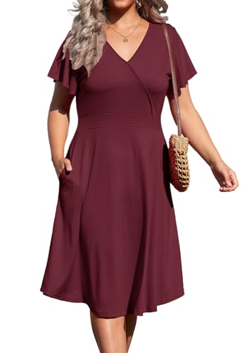 Image of Women's Plus Size Summer Dresses V Neck Ruffle Short Sleeve Casual Wrap A Line Midi Dress with Pockets