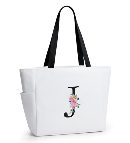 KALIDI Sacola de praia personalizada, bolsa de compras com zíper inicial do alfabeto para mãe, professora, amiga, casamento, compras diárias, Bege-j, Large