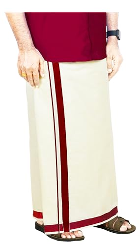 Image of Mens Thick Border 100% Cotton Cream Dhoti 4.0 Meters Double Mundu /Vesti