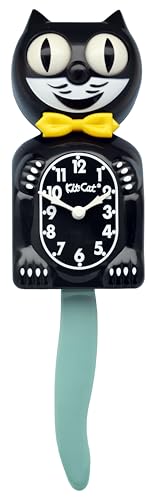 Kit Cat Klock Black Gold Bow Tie and Ocean Wave Tail Clock, Black/White/Yellow