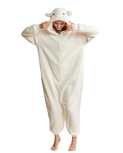 Laahoem Animal Alpaga Pyjama Homme Femme Adulte à Capuche Homme Femme Combinaison Costume Cosplay Vêtements de Nuit Beige White L