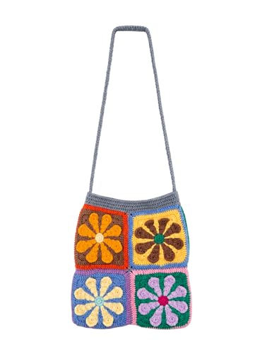 Bolsa de ombro quadrada de crochê feita à mão, estampa floral, design frente e verso, fecho de pressão, 28 x 28 cm