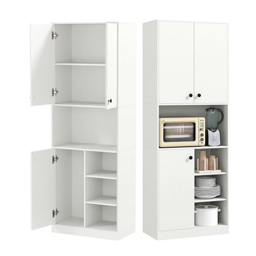 KOMFOTTEU Buffet de Cuisine avec 2 Armoires à Porte & 4 Étagères Semi-Ouvertes, Armoire Haute Multi-Rangement, Kit Anti-basculement, Placard de Rangement, 60 x 33 x...
