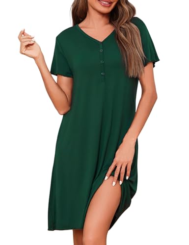 Uniexcosm Camisón de Mujers Manga Corta Verano Camisones Mujer Botones Agodón Cuello en V Suave Elegante Ropa de Dormir Verde Oscuro XXL
