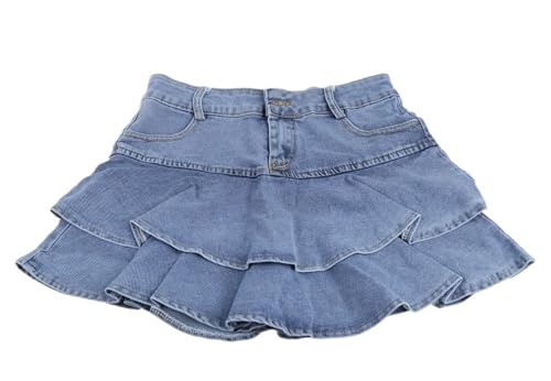 LHAODDUO Minifalda Vaquera de Cintura Alta for Mujer, Falda Vintage Lavada Plisada con Volantes en Capas, Ropa de Calle Vaquera Ajustada escalonada, de Verano(M)