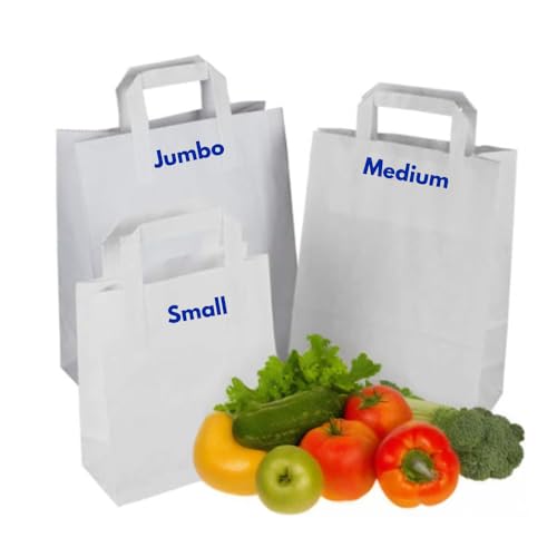 Clearly White SOS Kraft Paper Bags with Handles | 70 GSM -Thickness | SOS Takeaway Lunch Grocery Gift | Take Away Bags for Shopping Store Bakery Restaurants (50 Small)