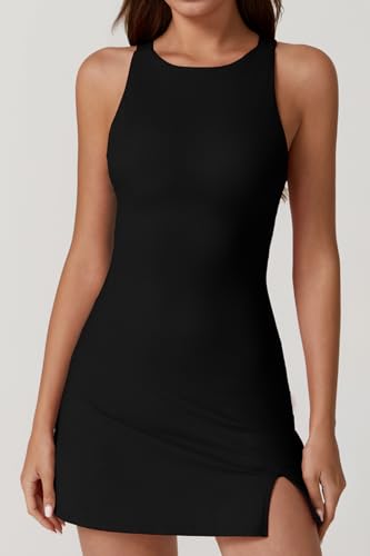 QINSEN Womens Crewneck Criss Cross Open Back Tennis Dress Sleeveless Built in Shorts Golf Athletic Dresses with Pockets2