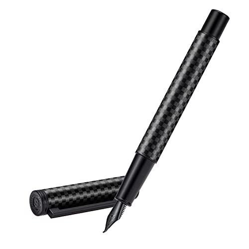 Image of Hongdian Black Carbon Fiber Fountain Pen, Bent Nib Fude Pen for Calligraphy Writing (Fine to Broad) with Converter and Metal Pen Box Set