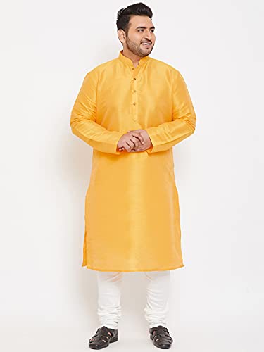 Image of Vastramay Men's Yellow Silk Blend Banarasi Kurta, Full Sleeve, Mandarin Neck, Regular Fit, Festive, Soft Comfortable Feel, Solid Design for Traditional Occasions