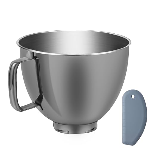 Image of 5 Quart Metallic Finish Stainless Steel Mixer Bowl for KitchenAid Classic&Artisan Series 4.5-5 QT Tilt-Head Mixer, Gray Color, Silicone Scraper, Dishwasher Safe, Fit K45SS KSM75 KSM90 KSM150