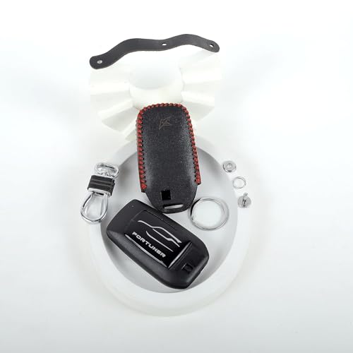 Image of Leather Smart Car Key Cover Case with Metal Hook Keychain Toyota Fortuner, Innova Crysta (Black)