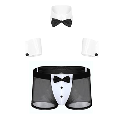 MSemis Adultes Sexy Costume Homme Déguisement Serveur Tuxedo 3Pcs Collier et Poignets Lingerie Sissy Clubwear Accessoires Costume de Carnaval Halloween Noir&Blanc M