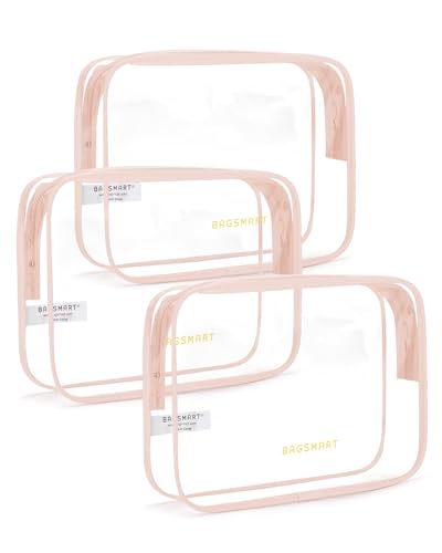 Image of BAGSMART Clear Toiletry Bag 3-Pack TSA Approved Water-Repellent, Nude Pink | Carry on Travel Accessories Bag, Airport Airline Quart Size Bags for Women Men, Makeup Cosmetic Bag