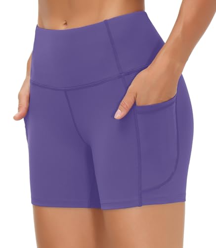 Image of THE GYM PEOPLE High Waist Yoga Shorts for Women's Tummy Control Fitness Athletic Workout Running Shorts with Deep Pockets