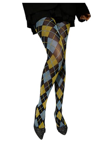 Verdusa Womens Argyle Plaid Mesh Sheer Tights Design High Waisted Preppy Stockings Pantyhose Blue One Size