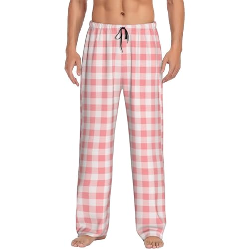 Pajama Pants Men - Square Pink White Plaid Men's Pajama Bottoms, Mens Cotton Pajama Pants