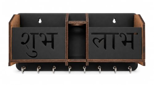 Image of Shubh Labh Key Holder Unique Designer 2 Pocket Pen and Mobile Stand Stainless Steel 8 Hooks Wooden Key Holder for Home, Key Stand for Wall, Key Organizer for Office, Hall Decoration