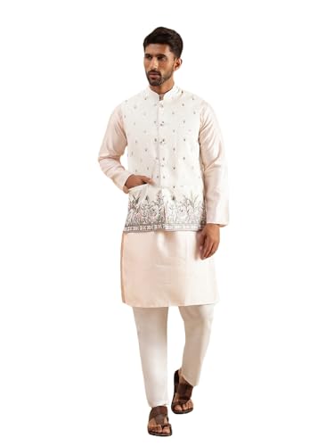 Image of SOJANYA Men's Silk Blend Pink Kurta & White Pyjama With Daman Embroidered Nehru Jacket