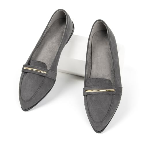 Image of Pointy Toe Penny Loafers for Women Dress Office Work Flats Shoes | Comfortable Women's Faux Suede Leather Slip On Flat Loafers for Driving Business Casual Cute Ballet Shoes