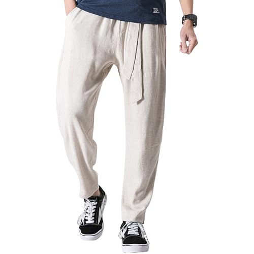 Tripleberly Men Linen Wide Leg Drop Crotch Baggy Harem Pants with Pockets Elastic Drawstring Waist Lightweight Beach Pants