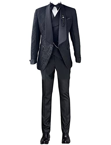 Men's Jacquard Jacket & Vest Black Pants Three-Piece Suit, Shawl Lapel One Button Tuxedos Business Wedding Dinner
